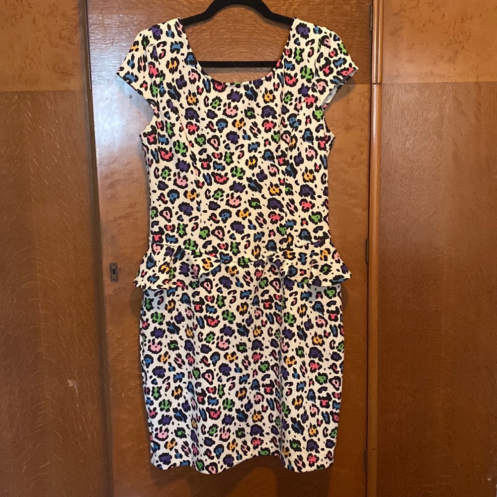 Betsey Johnson White Multicolor Leopard Print Peplum Dress